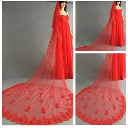 Stunning Red Wedding Veils 1.5*3m Long Wedding Veils Floral Applique with beads Wedding Accessories Bridal Veils