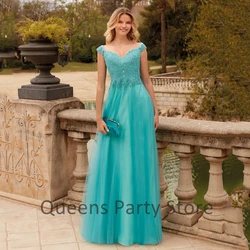 Turquoise Mother Gowns of Groom V Neck Cap Sleeve Beading Applique A Line Floor Length Tulle  Of The Bride Dress