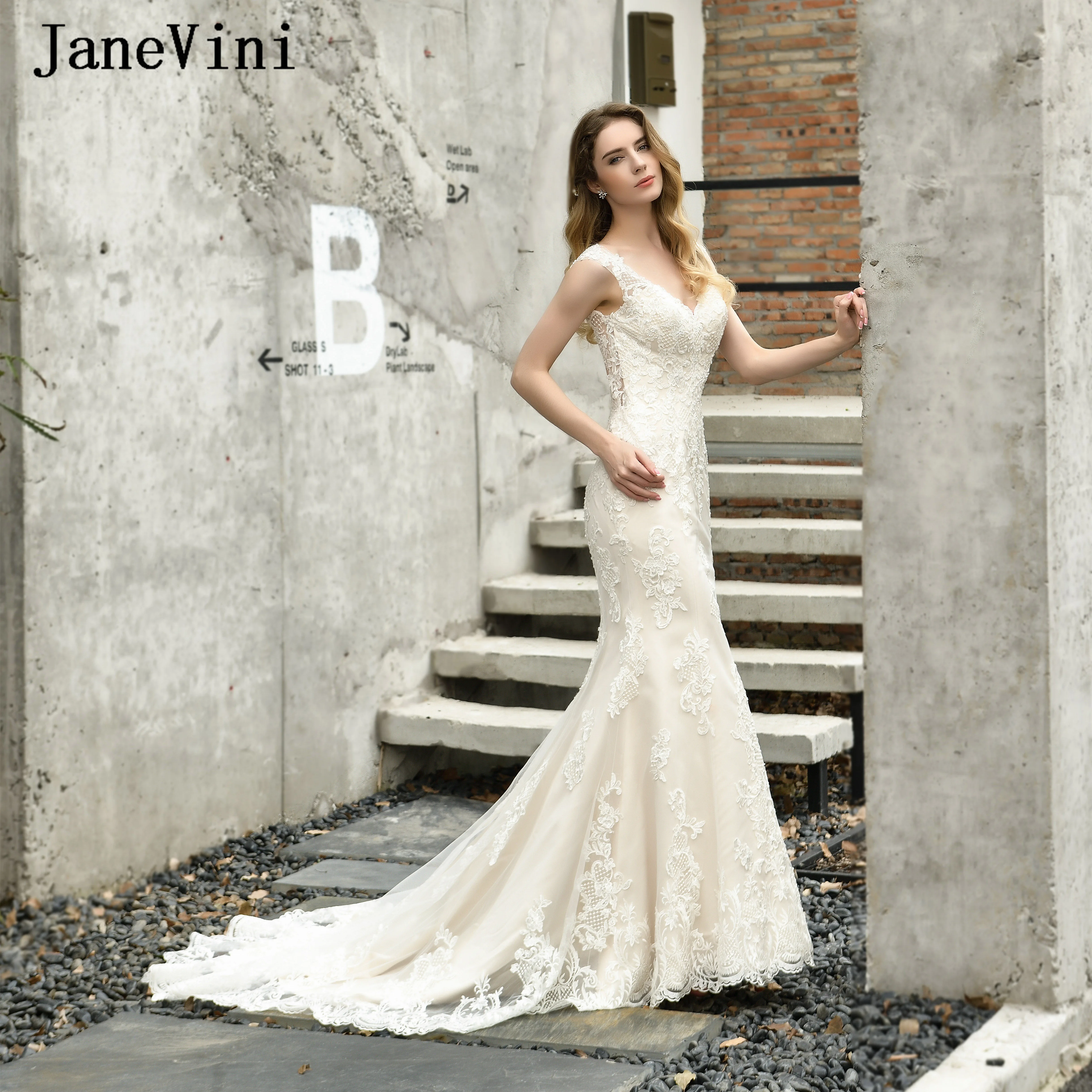 Janevini sexy sereia noiva vestidos de casamento 2019 v pescoço sem mangas apliques beading aberto voltar laço longo vestidos de noiva mariages