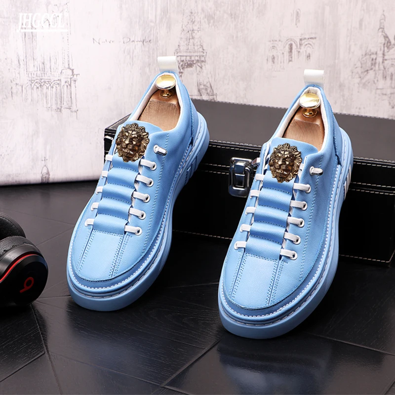 Genuine leather blue Leather Men Casual Shoes White Sneakers Flats Board Shoes Loafers Chaussure Homme A6