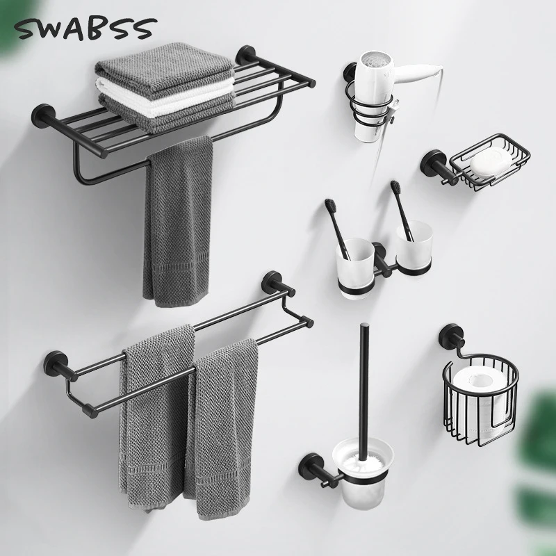 European Style Bathroom Hardware Pendant Set Punch-Free Towel Rack Black Storage Rack Space Aluminum Paper Towel Shelf Home