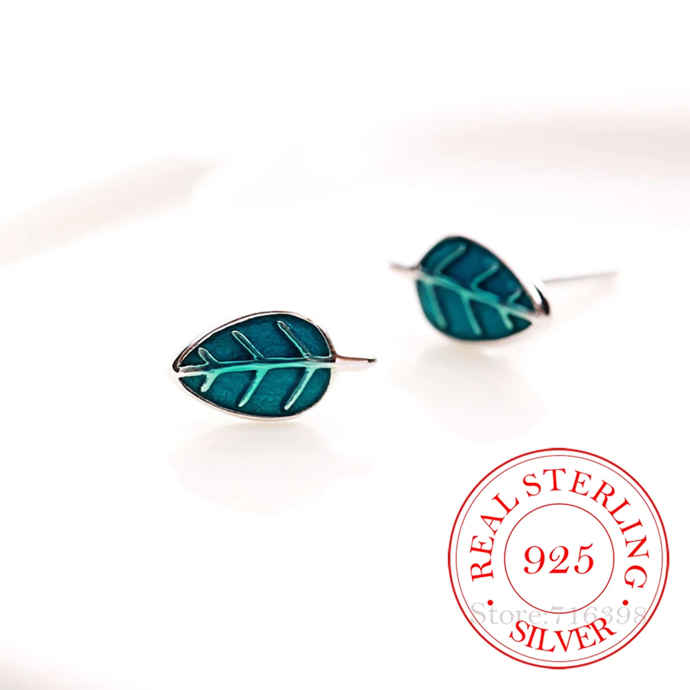 100% 925 Sterling Silver Enamel Leaf Stud Earrings For Women Girls Kids Party Gift Pendientes Brincos Prevent allergy Jewelry