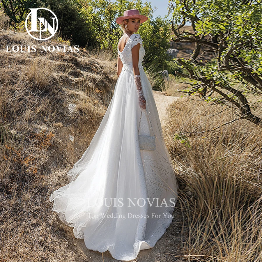 LOUIS NOVIAS a-line abito da sposa 2022 Sexy Scoop Backless abito da sposa Appliques manica corta paillettes Beach Vestidos De Novia