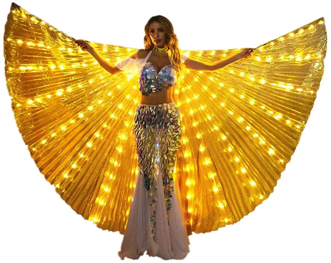 2022 LED Isis Wings Glow Light Up Belly Dance Costumes with Sticks Performance Clothing Carnival Halloween