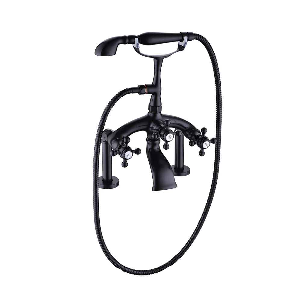 SKOWLL Rubinetto per vasca da bagno a croce a 2 fori Maniglie montate sul piano Rubinetto per lavabo con doccetta Nero WW-2503