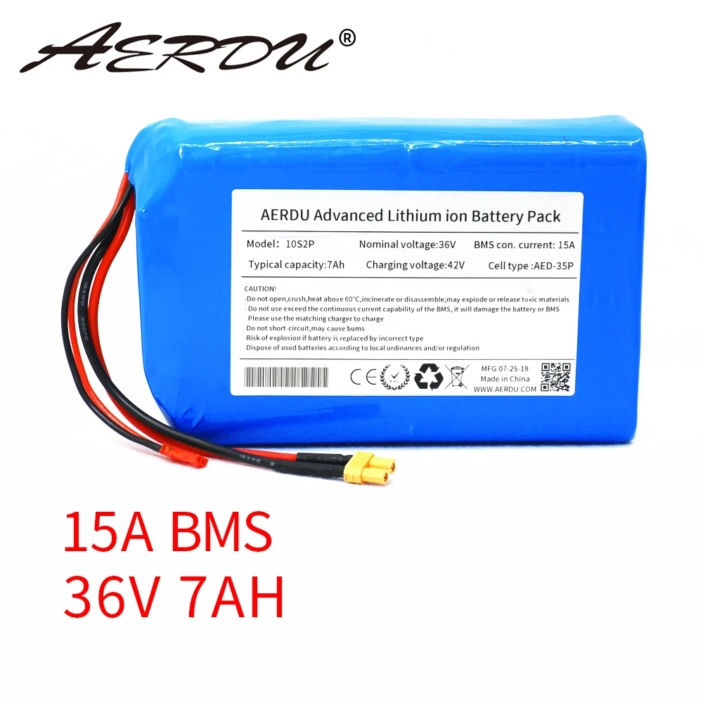 

AERDU 36V 7Ah 10S2P 450Watt 18650 li-ion battery pack JST XT30 42V electric scooter unicycle ebike 15A BMS m365 pro Extend range