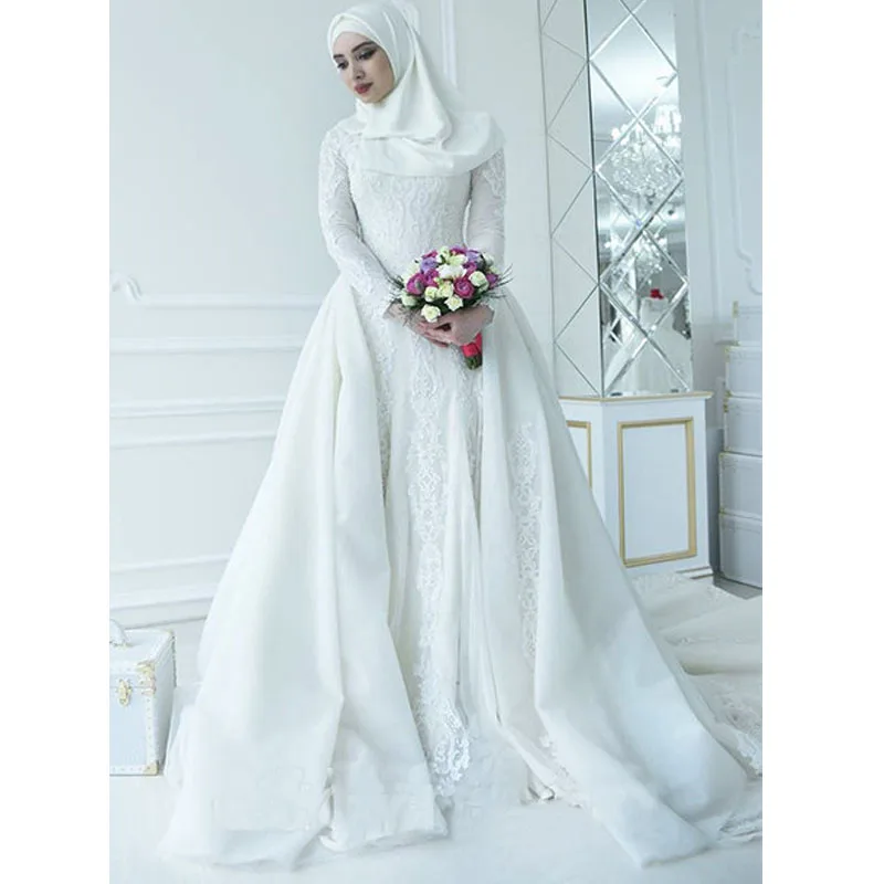 High Arab Wedding Dresses With hijab Beading Long Sleeve Muslim Bridal Zipper Back Wedding Turkey East Gowns vestido de noiva