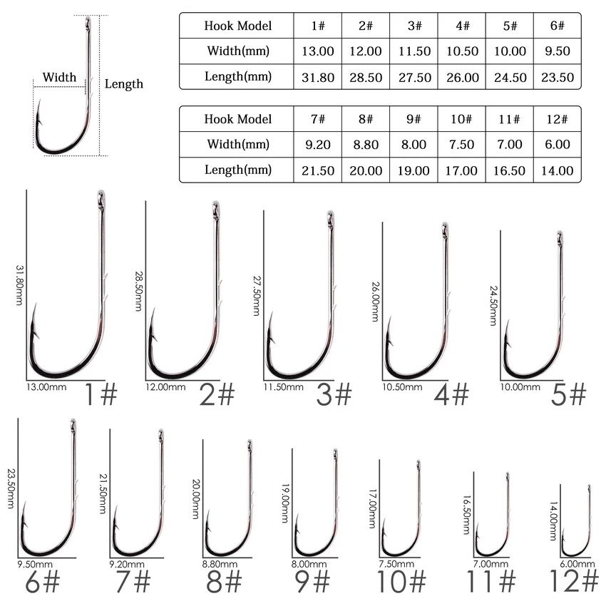 50pcs Fishhook Long Shank Fishing Hook 1#-12# High Carbon Steel Sharp Barbed Offset Narrow Bait Fishing Hooks Tackle Box