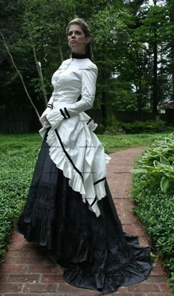 1860S Viktorianischen Korsett Gothic Prom Formale Kleider Vintage Schwarz Weiß Lace-up Korsett Bürgerkrieg Southern Belle Abendkleid kleider