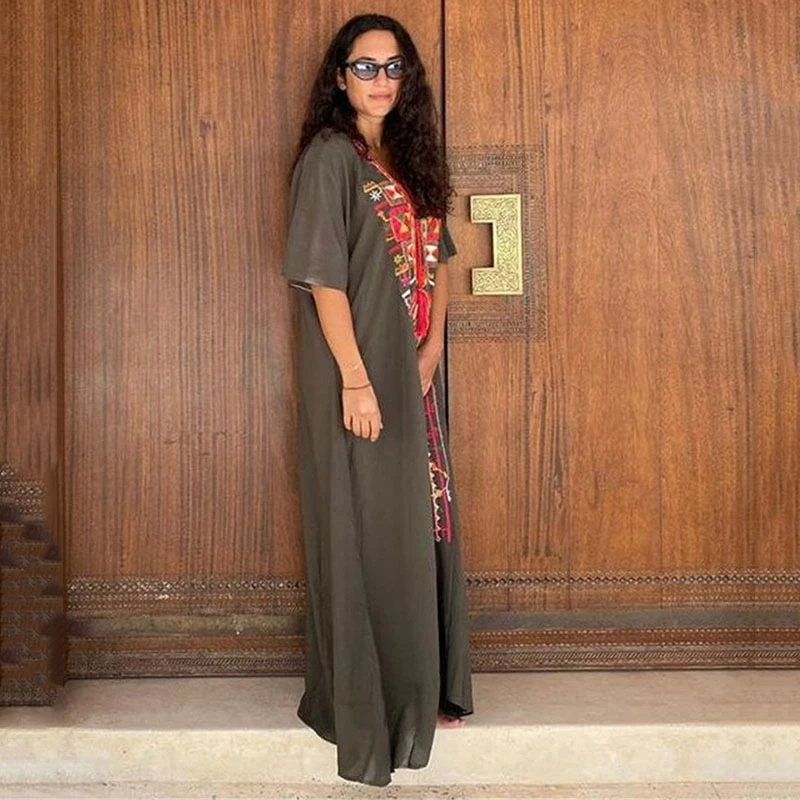 Mexican Dress Embroidery Robe Delicate Geometrci Pattern Lace-Up V-Neck Kaftan Maxi Dress Retro-Fashion Boho Party Tunic Caftan