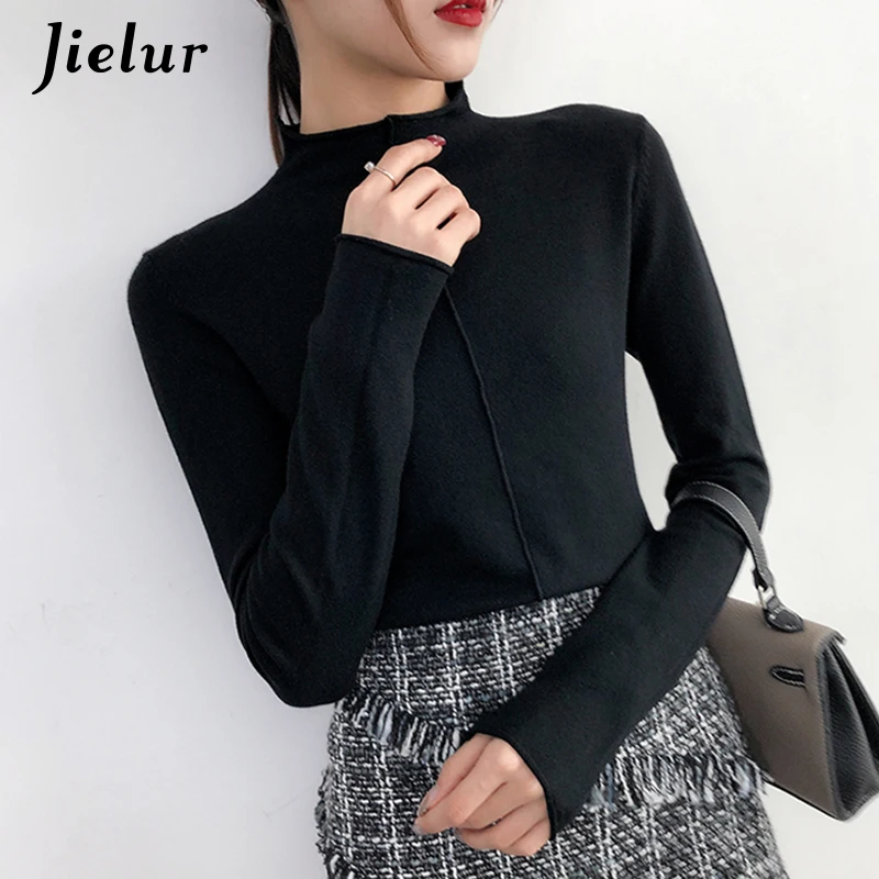 Jielur Pullover Sweater Women Basic knitted Long Sleeve Korean Turtleneck Winter Autumn Thin Tops Jumper Slim-fit Tight Sweater