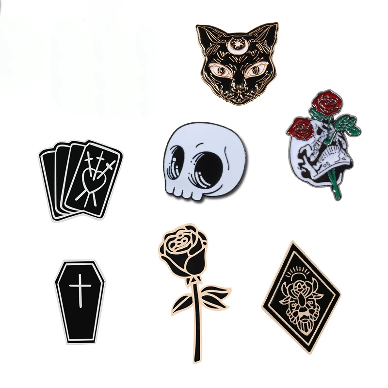 Black Witchcraft Brooches Poker Coffin Witch Hat Rose Enamel Pin Clothes Hijab Lapel Pins Bag Icon Badge Women Men Jewelry Gifts