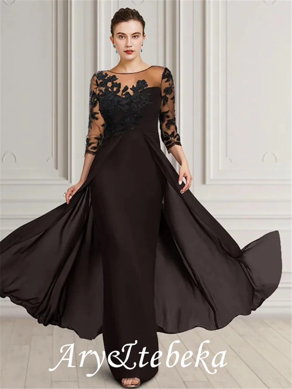 Sheath / Column Mother of the Bride Dress Elegant Jewel Neck Floor Length Chiffon Lace 3/4 Length Sleeve with Appliques 2021