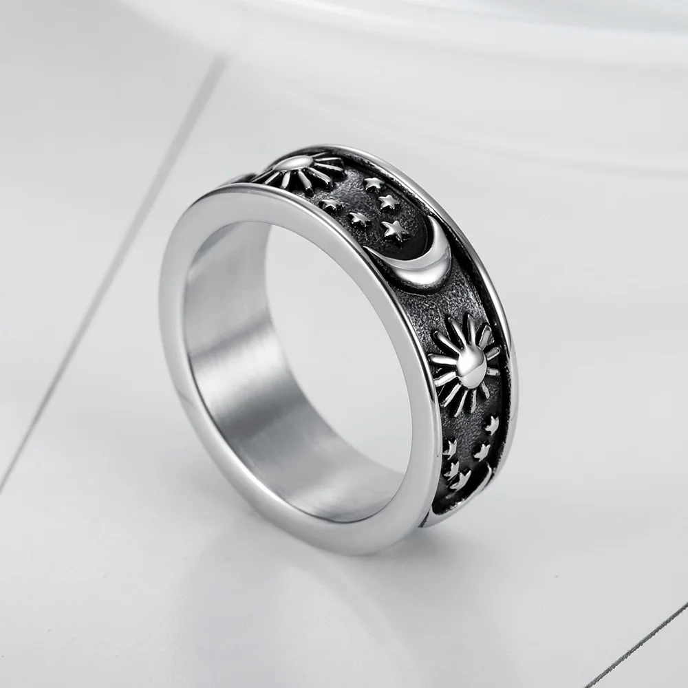 Retro 316L Stainless Steel Sun Moon Star Couple Ring For Men Women Punk Hip Hop Simple Star Moon Sun Ring Fashion Jewelry Gift