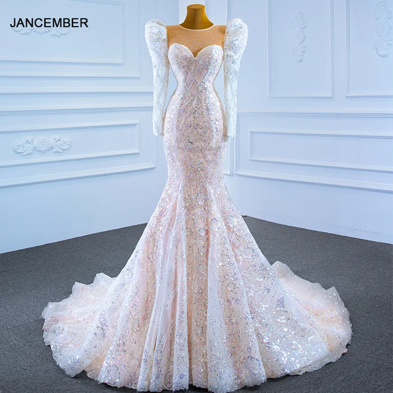 

J67229 Jancember Crystal Mermaid Wedding Dress 2021 Long Sleeve Plus Size Bridal Gowns Sequined Lace Up Back