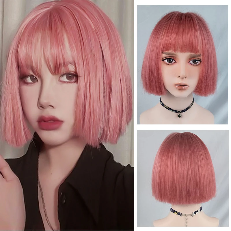 Synthetic Wigs Blonde Short Straight Bob Wigs with Bangs for Women Black Pink Green Yellow Natural Hairline Wigs  Cosplay Party