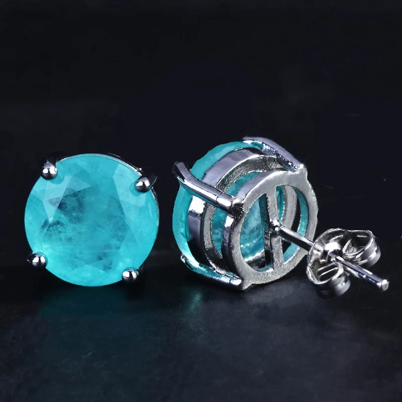 925 Sterling Silver Earrings 10*10mm Paraiba Tourmaline Gemstone Round Stud Earrings Jewelry For Women Jewelry Anniversary Gift