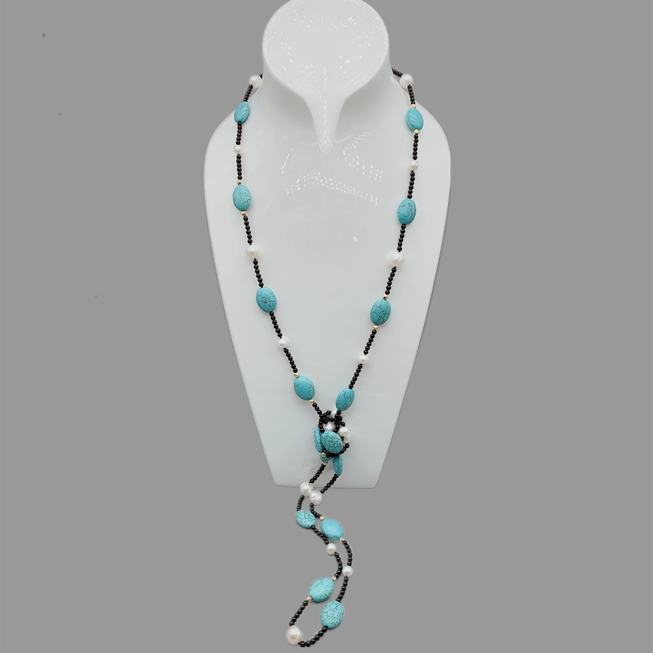 FoLisaUnique Black Onyx Gold Filled Beads Freshwater White Pearls Oval Turquoise Necklace For Women