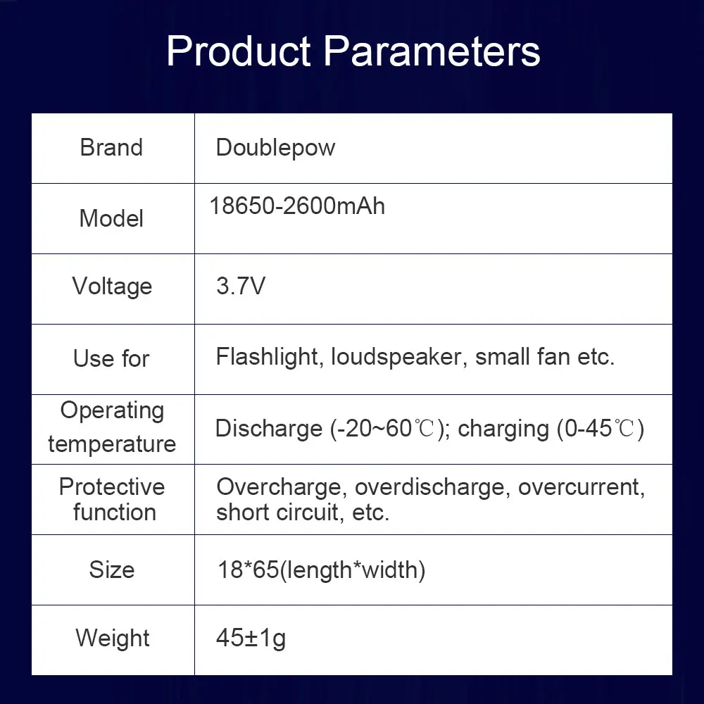 100%  new original  Doublepow  18650 battery 3.7v 2600mah 18650 rechargeable lithium battery for flashlight batteries