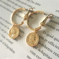 Cute Coin Pendant Hoop Earrings Gold Color Small Coin 20mm Hoop Earrings Mini Ear Piercing Dangle Earrings