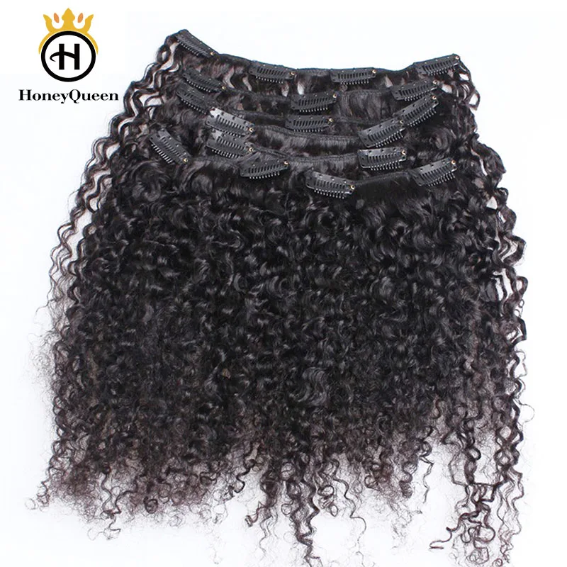 Mongolian Kinky Curly Clip Ins Human Hair Natural Color 3B 3C Clip In Human Hair Extensions 7 Pcs 120 Grams/Set Honey Queen Remy