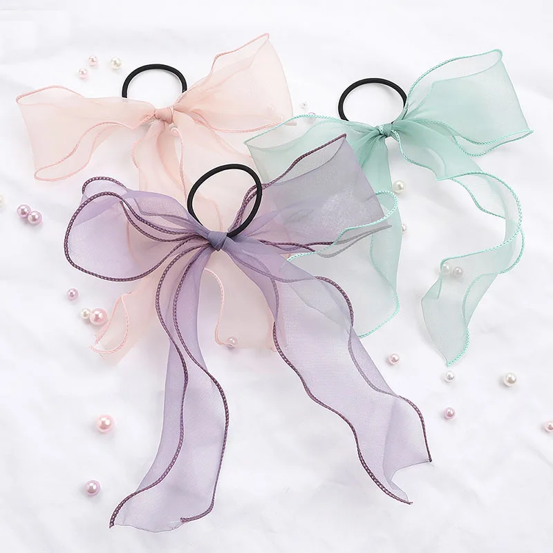 Sweet Big Bow Organza Streamers Hair Scrunchies Soft Ponytail Elastic Hair Ties Rope Girls Hair Accessories Women Ribbon Bands