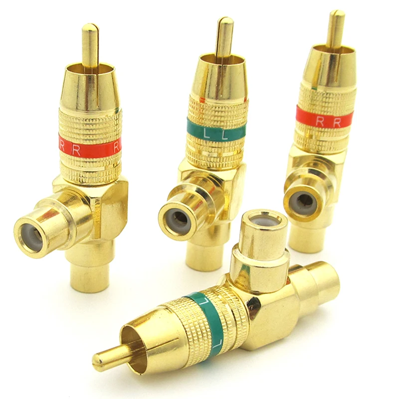 2pcs Pure copper gold-plated audio RCA one point two adapter, lotus tee, one male and two female AV adapter