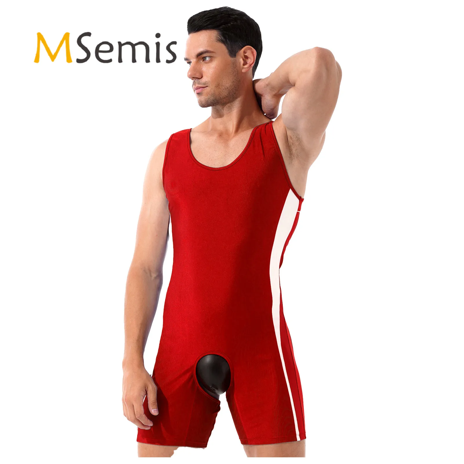 Mens Lingerie Crotchless Open Butt Bodysuit One-piece Open Crotch Jumpsuit Nightwear Color Block U Neck Sleeveless Bodysuit