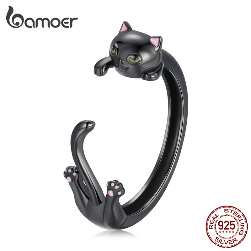 Bamoer 925 Sterling Silver Creative Dark Black Cat Silver Ring for Women Girls Gift Adjustable Ring Jewelry Anillo BSR217