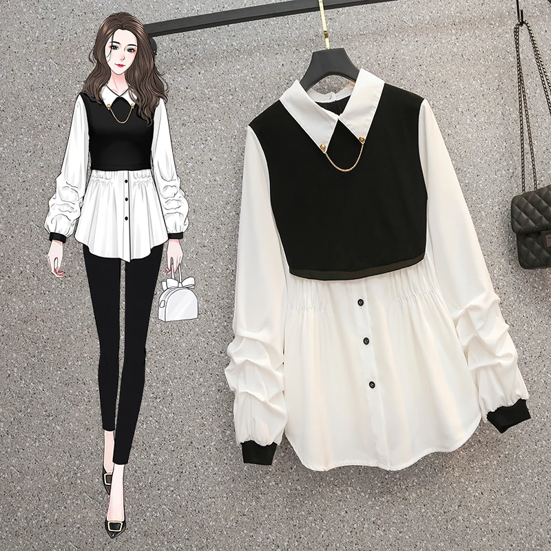 JSXDHK S-4XL Summer Autumn Fake Two-Piece Shirts Fashion Women Black White Patchwork Turn Down Collar Loose OL Blouses Female