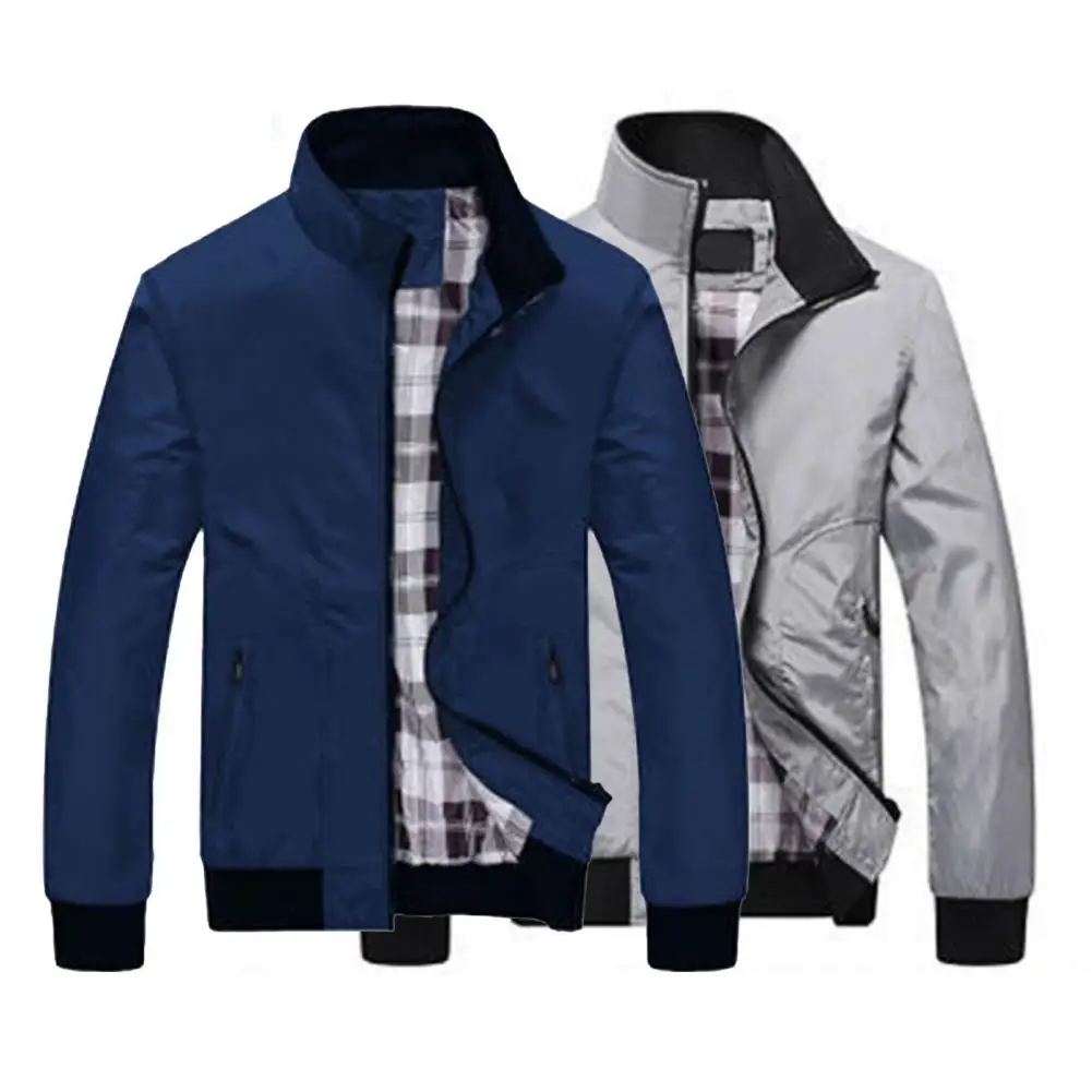 Men Coat Solid Color Stand Collar Pockets Elastic Cuff Spring Jacket for Daily Wear