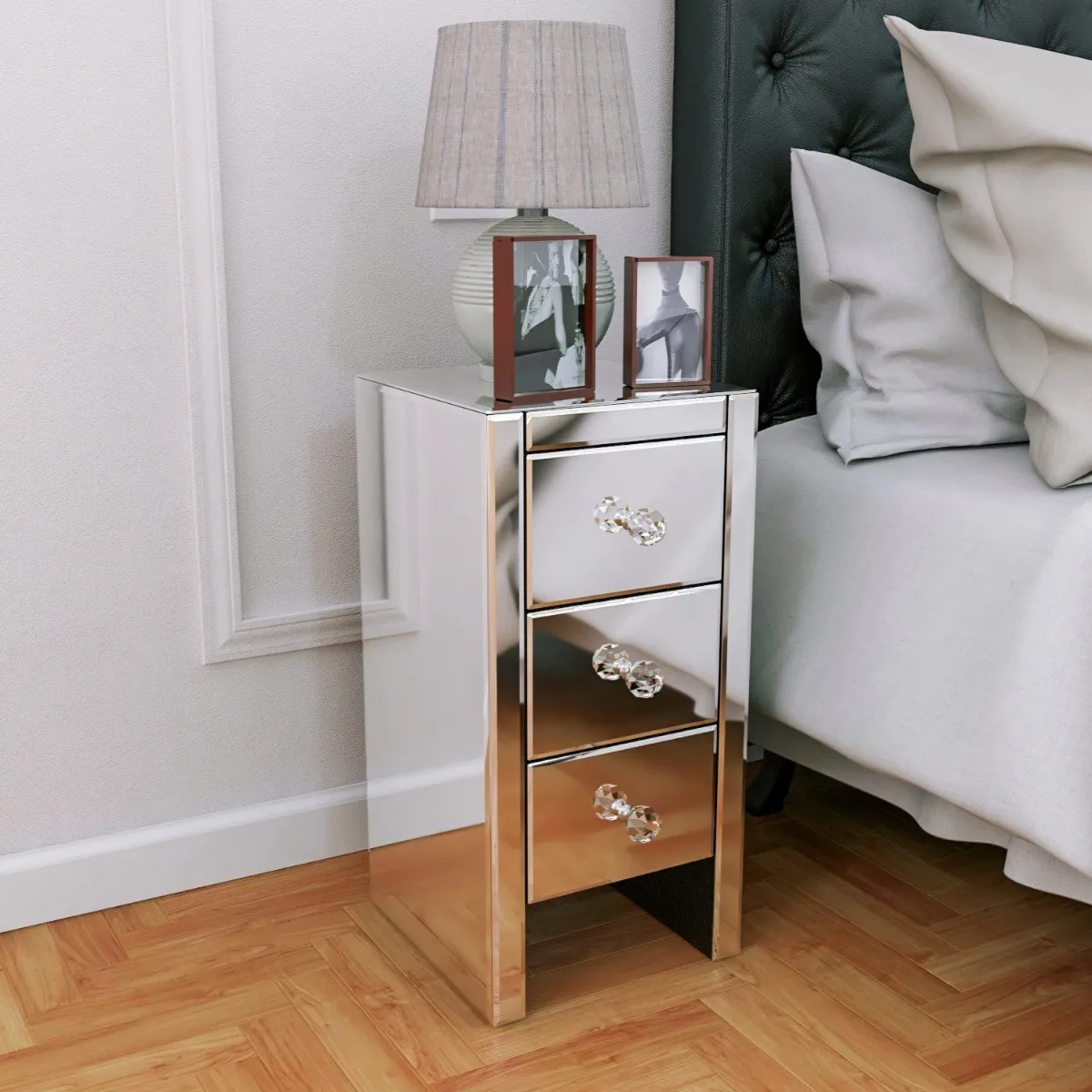 3 Layers Mirror Nightstand 3-Drawer Bedside Cabinet MDF Glass 30x30x60CM Side End Table Silver[US-W]