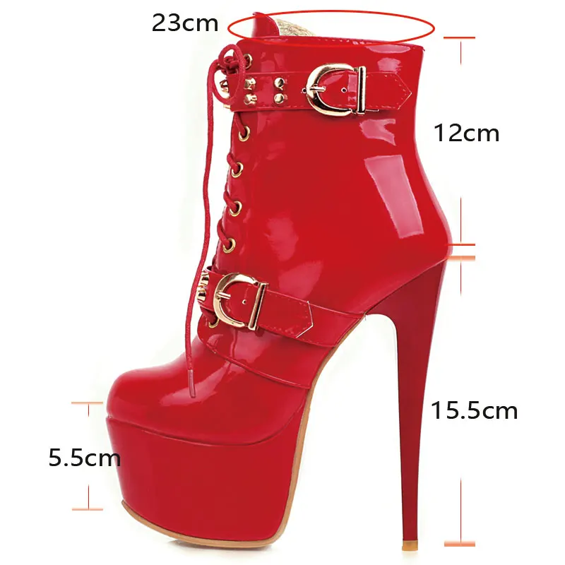 Lasyarrow Winter Women Platform Ankle Boots High Heels White Patent Leather Round Toe Buckle Zipper Lady Short Motorcycle Boots