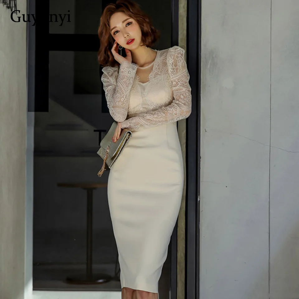 Korean Version High Waist Tight Dress 2024 Spring White Black Sexy Perspective Lace Long Sleeves And Back Elegant Party Dress