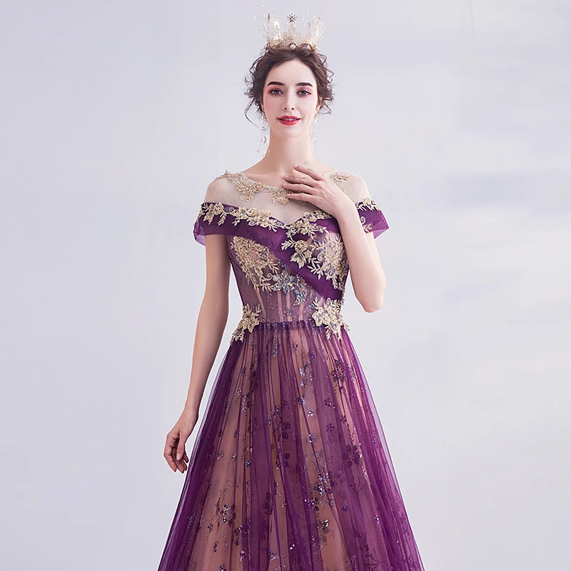 2020 New Fashion Purple Short Sleeve A-line Tulle Appliques Flowers Elegant Evening Dresses Bride Banquet Party Prom Dress ND28