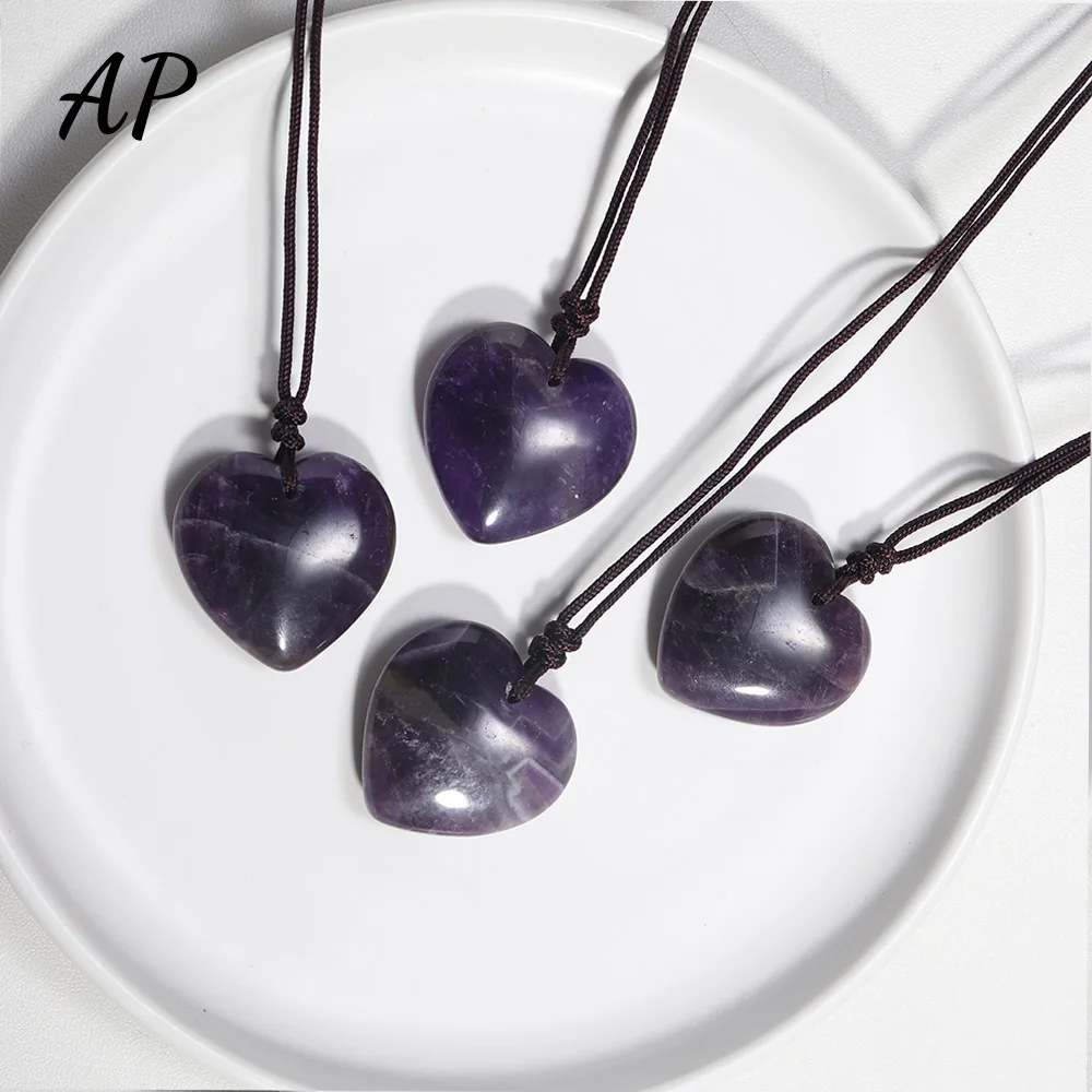 Natural Amethyst Heart-Shape Necklaces Crystal Reiki Gem Pendants for Women Men Jewelry Gift