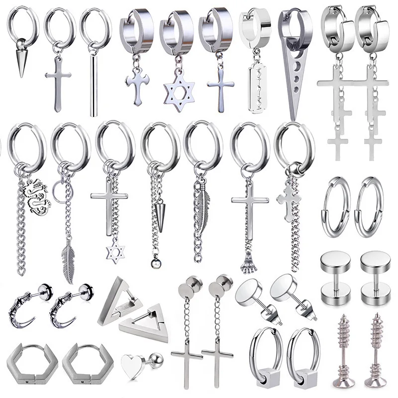 Newest 1 Pair Stainless Steel Cross Pendant Dangle Long Tassel Unisex Hoop Earrings Men/Women Punk Gothic Jewelry Best Gifts