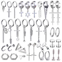 Newest 1 Pair Stainless Steel  Cross Pendant Dangle Long Tassel Unisex Hoop Earrings Men/Women Punk Gothic Jewelry Best Gifts