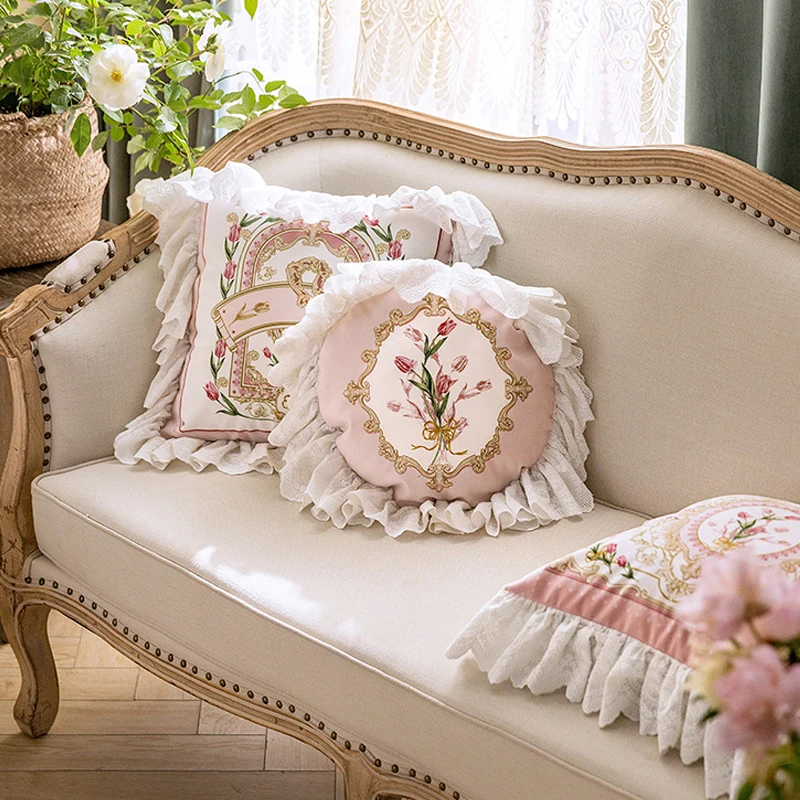 Rose Powder French American Pillowcase Light Luxury  Lace Pillowcase Living Room Sofa Bed Pastoral Romantic Pillowcase