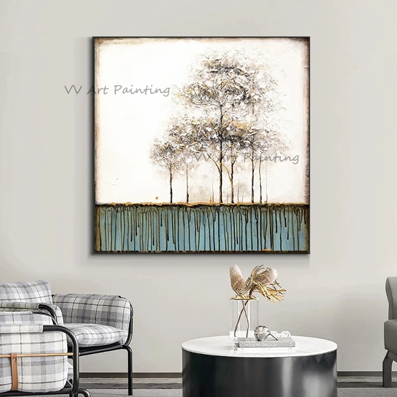 100% Hand Painted Abstract Oil Painting Golden Foil Tree Impasto Drip Canvas Wall Artwork For Living Room Hotel Decor