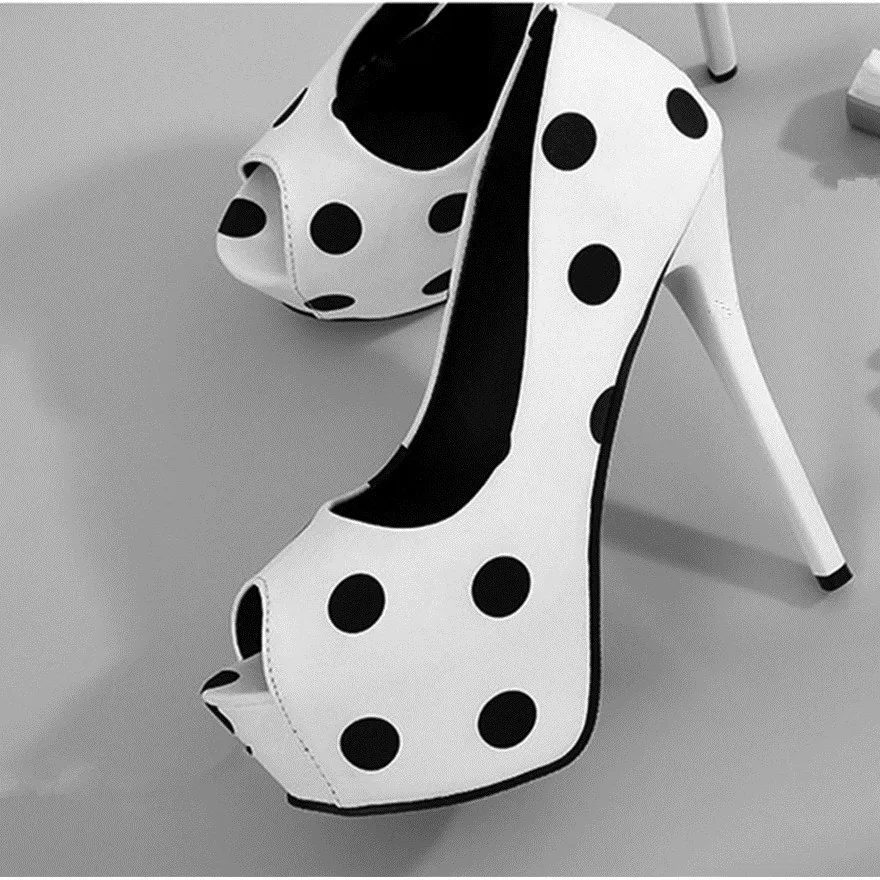 Black White Fashion Polka Dot Silk Work Shoes For Women Peep Toe Platform Pumps Autumn Super High Heels Dress Party Ladies Shoes