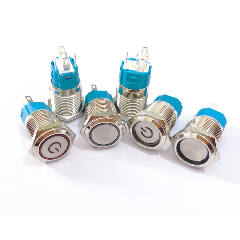 12/16/19/22mm Waterproof Metal Push Button Switch LED Light Momentary Latching Car Engine Power Switch 5V 12V 24V 220V Red Blue