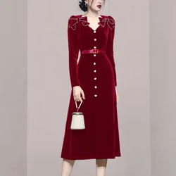 JSXDHK Elegant Designer Autumn Winter Velvet Dress Women Diamonds Bow White Heart Button Long Sleeve Party Midi Dress With Belt