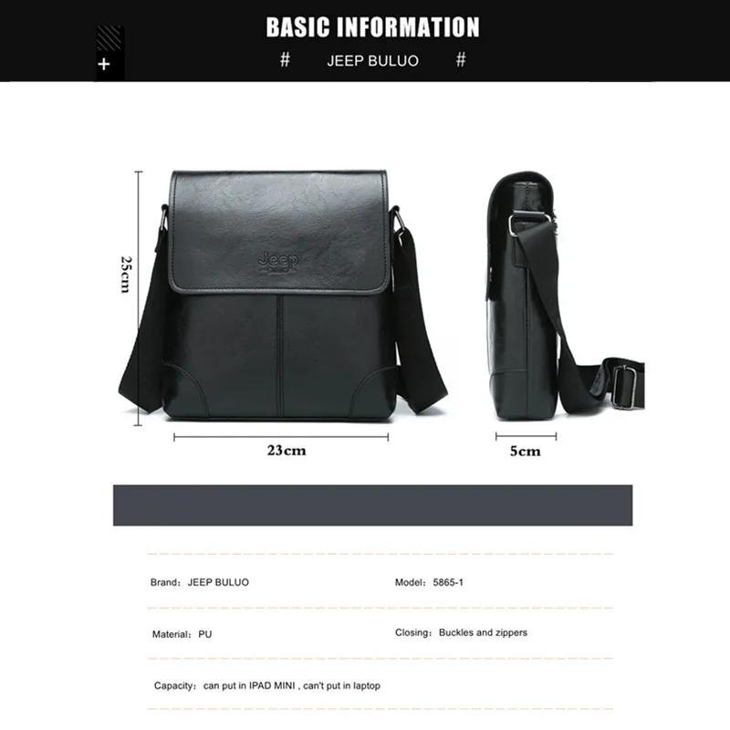 JEEP BULUO Fashion Men\'s Handbag Shoulder Bag Vintage PU Leather Retro Messenger Bag Stylish Casual Male Crossbody Shoulder Bags