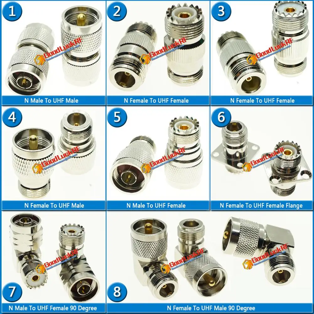 

Kit Set N To UHF PL259 SO-239 with O-ring Bulkhead Panel Flange 90 Degree Right Angle Straight