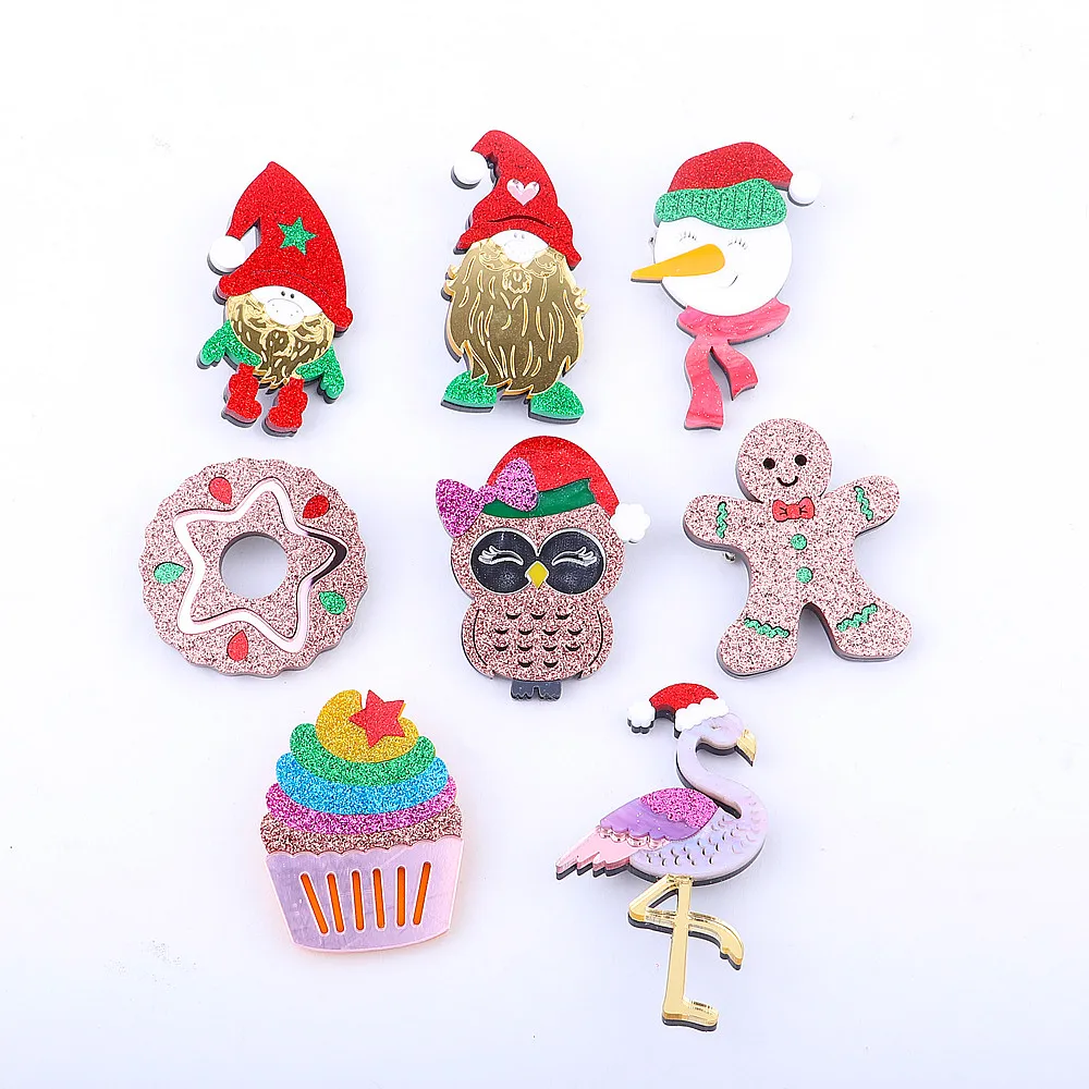 New Arrival Acrylic Snowman Santa Brooches For Women Fashion Jewelry Glitter Resin Animals Owl Flamingo Brooch Christmas Gifts