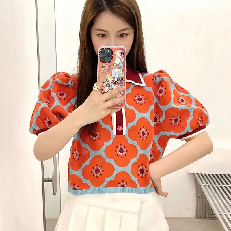 T-shirts Women Orange Turn Down Collar Sweet Summer Floral Vintage Stylish Harajuku Street Style Knitted Basic Casual Soft Femme