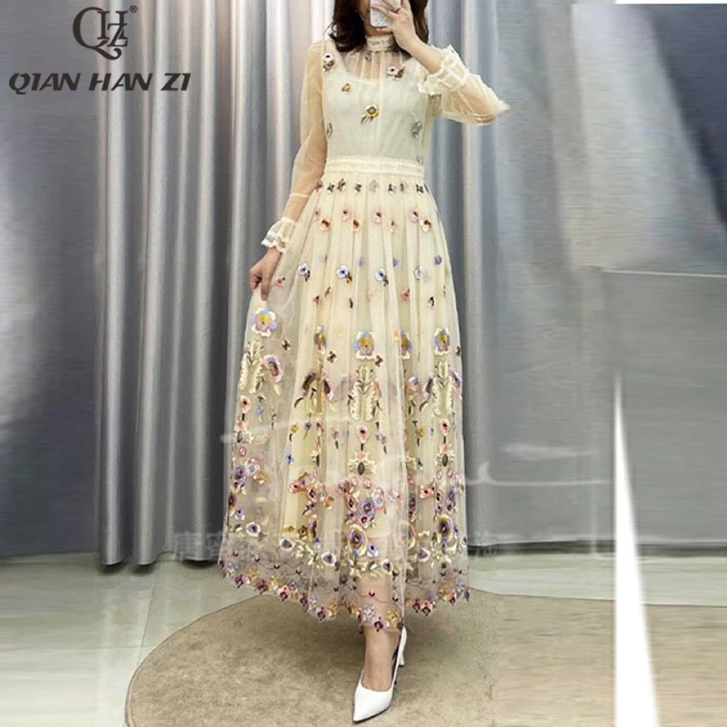 

Qian Han Zi designer fashion runway Maxi dress Long sleeve Mesh flower embroidery Slim and elegant long dress Women Summer 2021