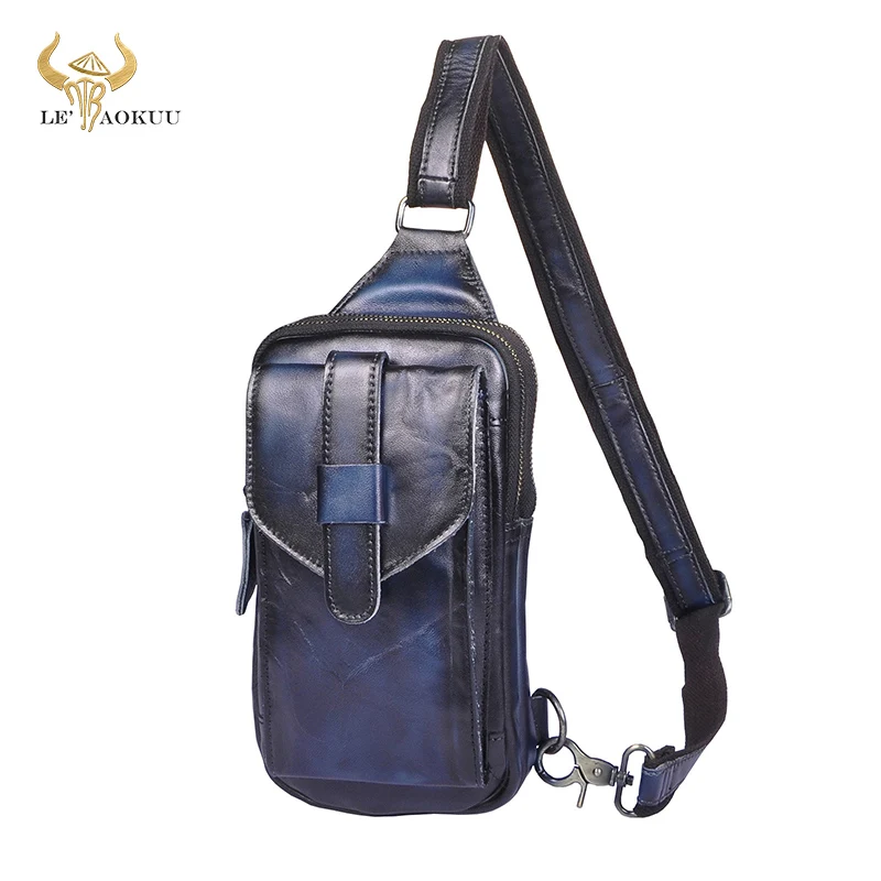 Trend Men Original Genuine Leather Travel Backpack Belt Fasion Blue Fanny Waist Chest Pack Bag Sling Crossbody Bag Daypack XB571