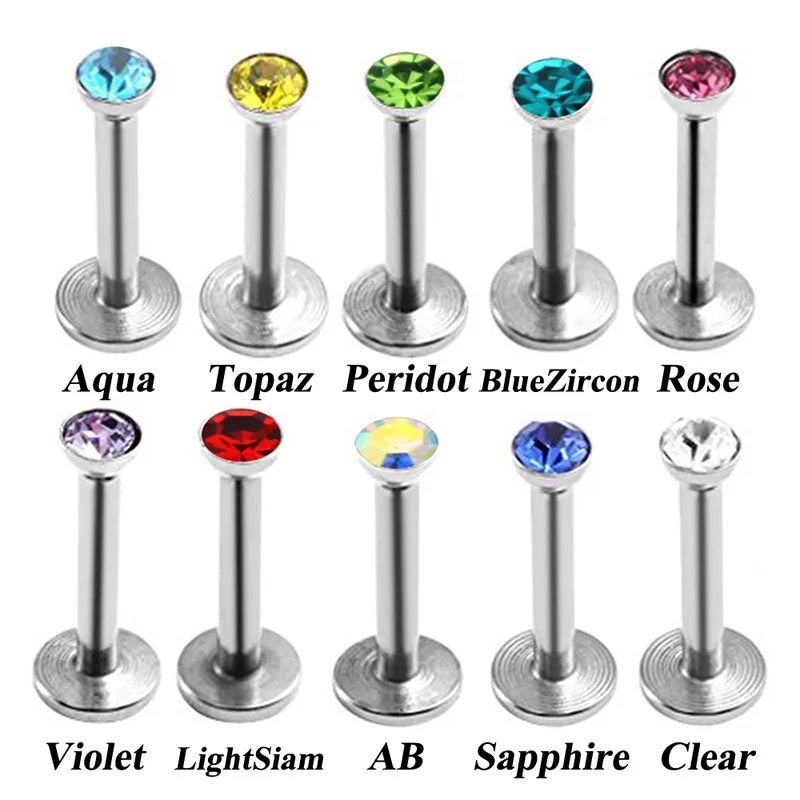 1PC Internal Thread 16G Steel Gold Plated Labret Monroe Studs Lip Tragus Cartilage Helix Earring Piercing Crystal Gem Jewelry